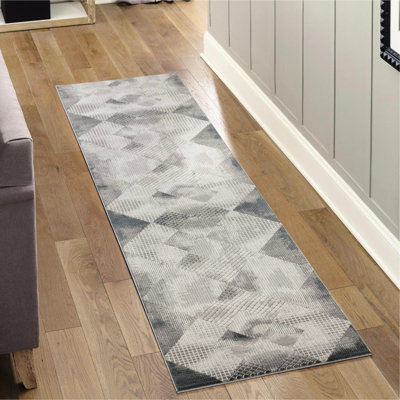 Tapis moderne à motif géométrique et gris moderne, 31 po X 118 po, tissé à la machine, 100%, teint, idéal pour les tables sous commode, espace contemporain de 0,42 po de hauteur, fabriqué et pour animaux de compagnie