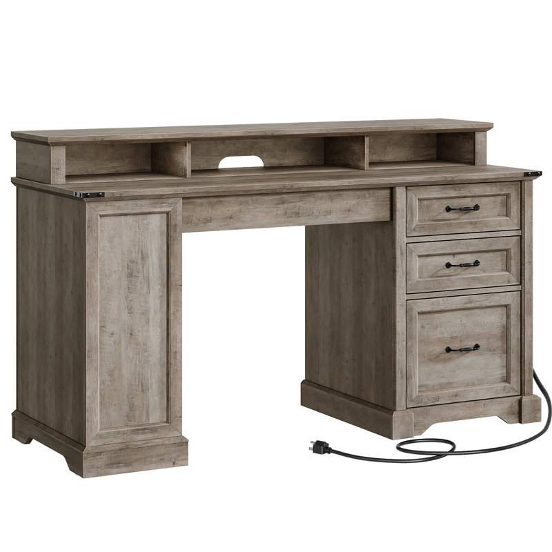 55.1" Farmhouse Executive Desk with Drawers, Computer Desk with File Cabinet and Side Bookshelf, Gray