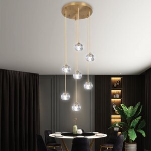 Modern Crystal Chandelier, K9 Crystal Ball Pendant Light, 7-Light Adjustable Length Brass Plating Flush Mounted Ceiling Lighting Fixture For Living Room, Bedroom, Dining Room