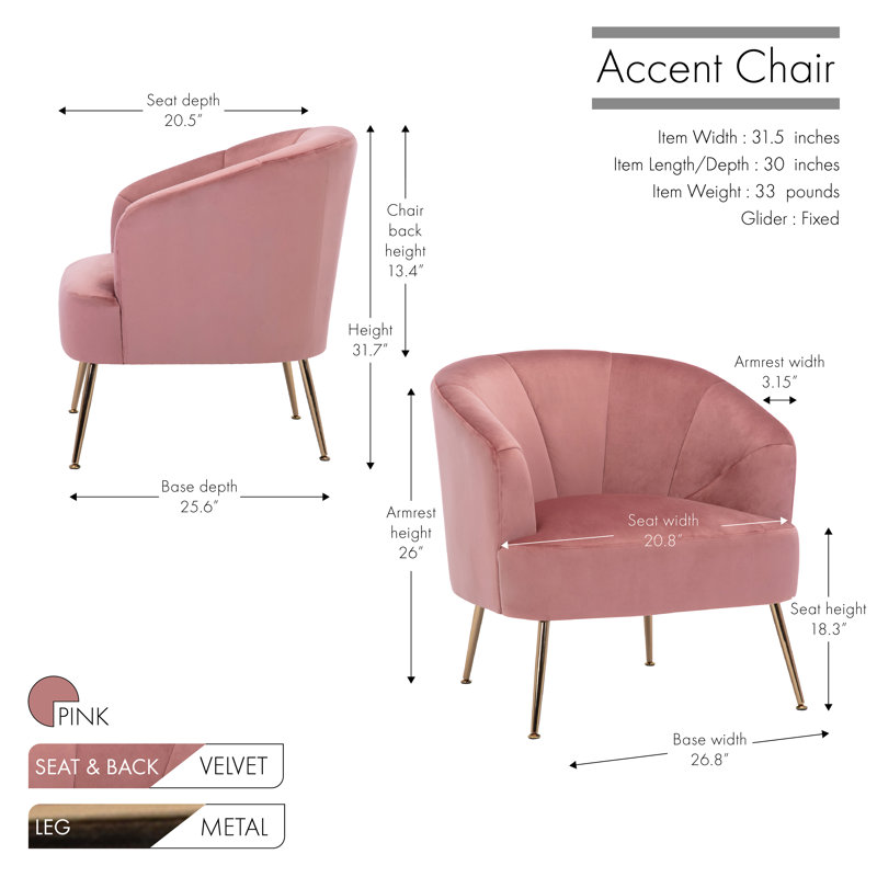 Fauteuil en velours large 31,5 po Liparit, Rose
