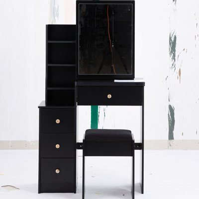 Small Space Vanity Table And Cushioned Stool Pair, Big Sliding Mirror, Multi-Layered Storage, Black Furniture Piece With Seat & Large Multi-Layer Storage For Compact Areas, American Design, , , Ul