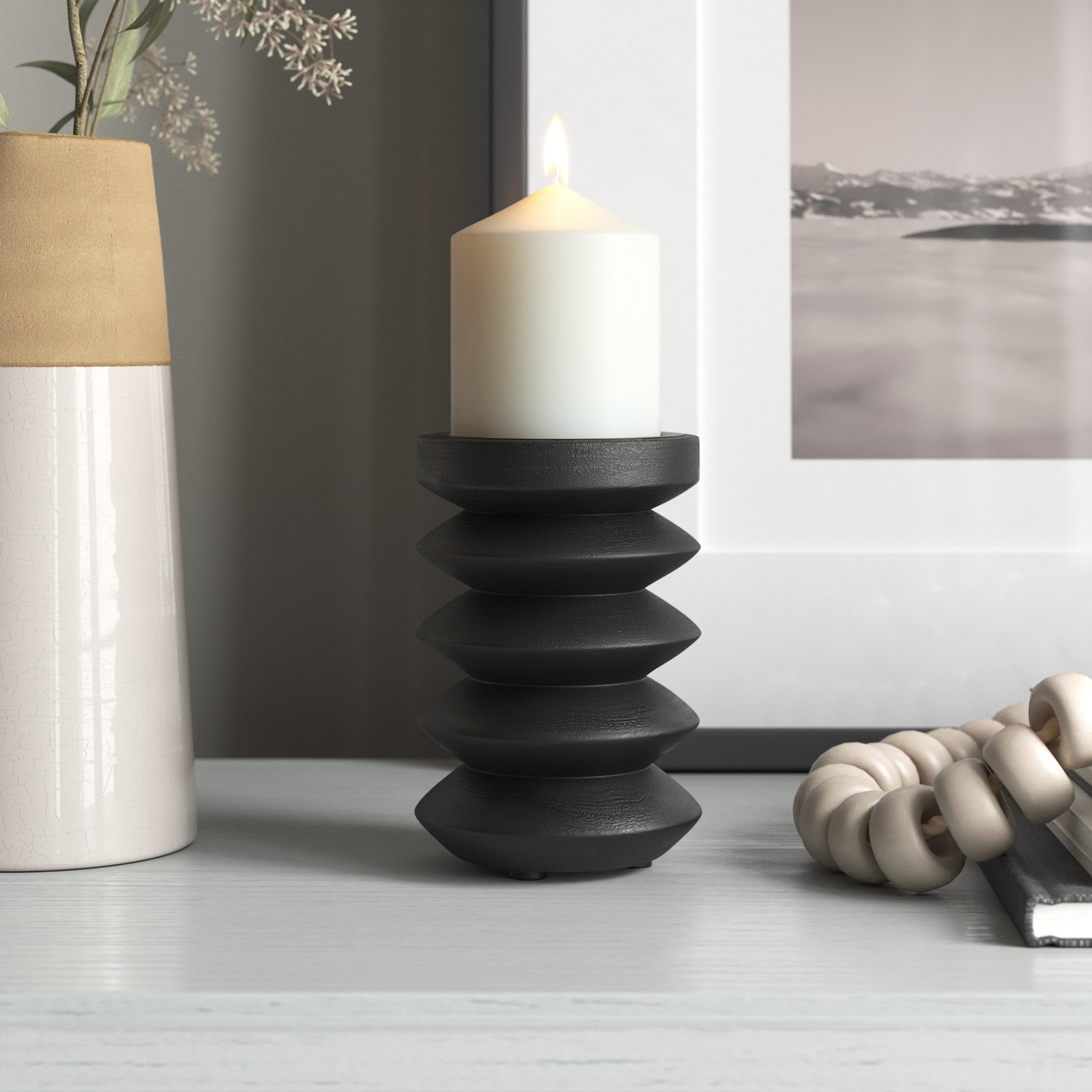 Wood Pillar Candle Holder, 6" H x 4" W x 4" D