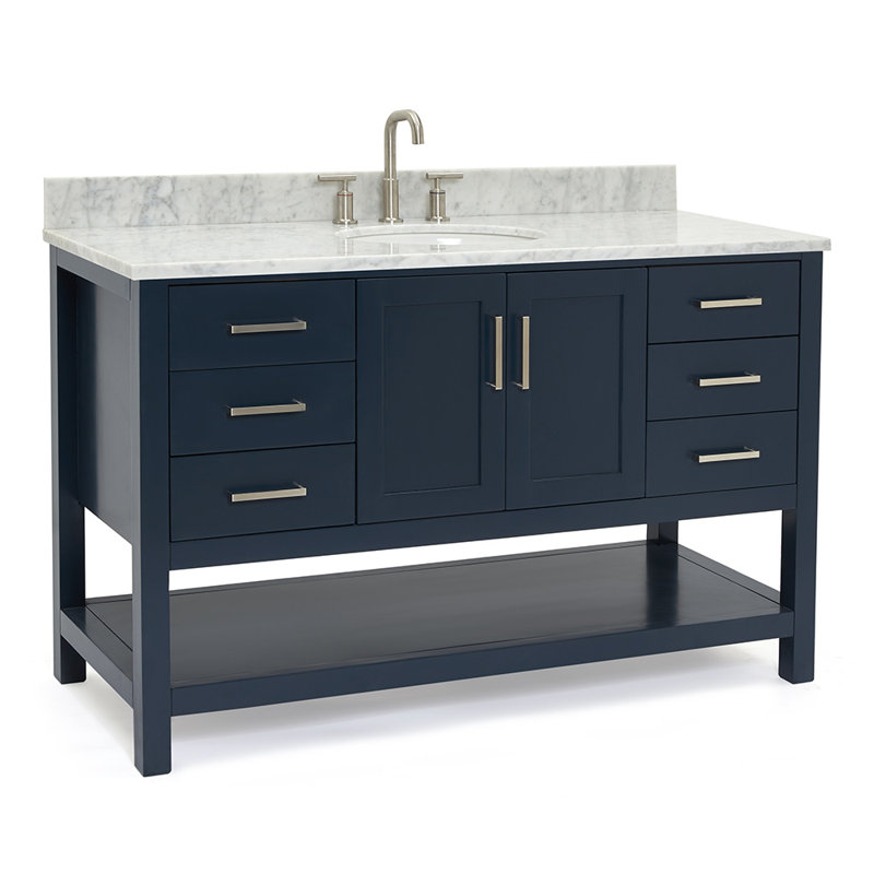 Meuble-lavabo simple 55 po Alemanno en bleu minuit, avec comptoir en marbre de Carrare italien de 0,75 po, Bleu minuit, Oval