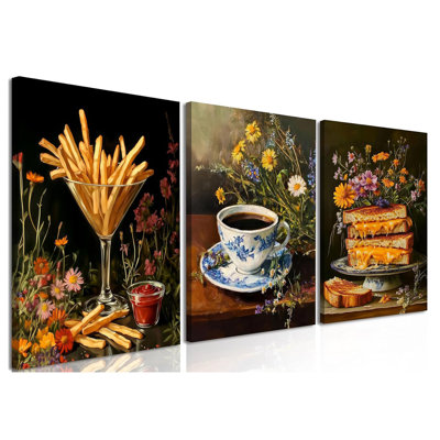 Food Kitchen Wall Art Set Of 3, Colorful Dining Room Cheese Coffee Fries Wall Decor Paintings, Vintage Dark Flower Kitchen Poster Canvas Prints Aesthetics Artwork 12X16 Inch Framed