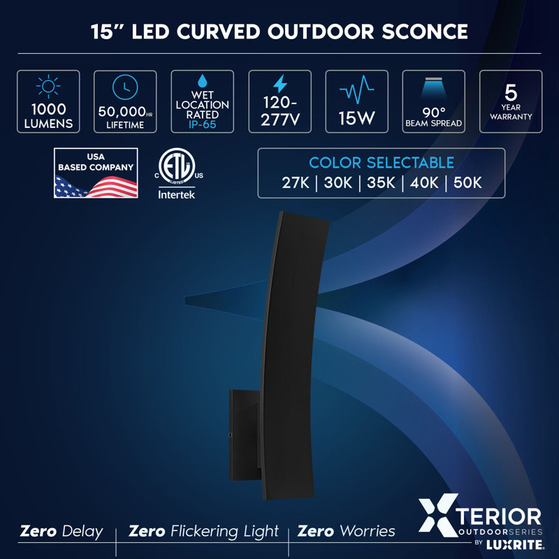 15-Inch LED Curved Outdoor Wall Sconce, 5CCT, 1000LM, 15W, IP65 Waterproof, Dimmable, CRI90, 90° Beam, ETL, Exterior Light Fixture