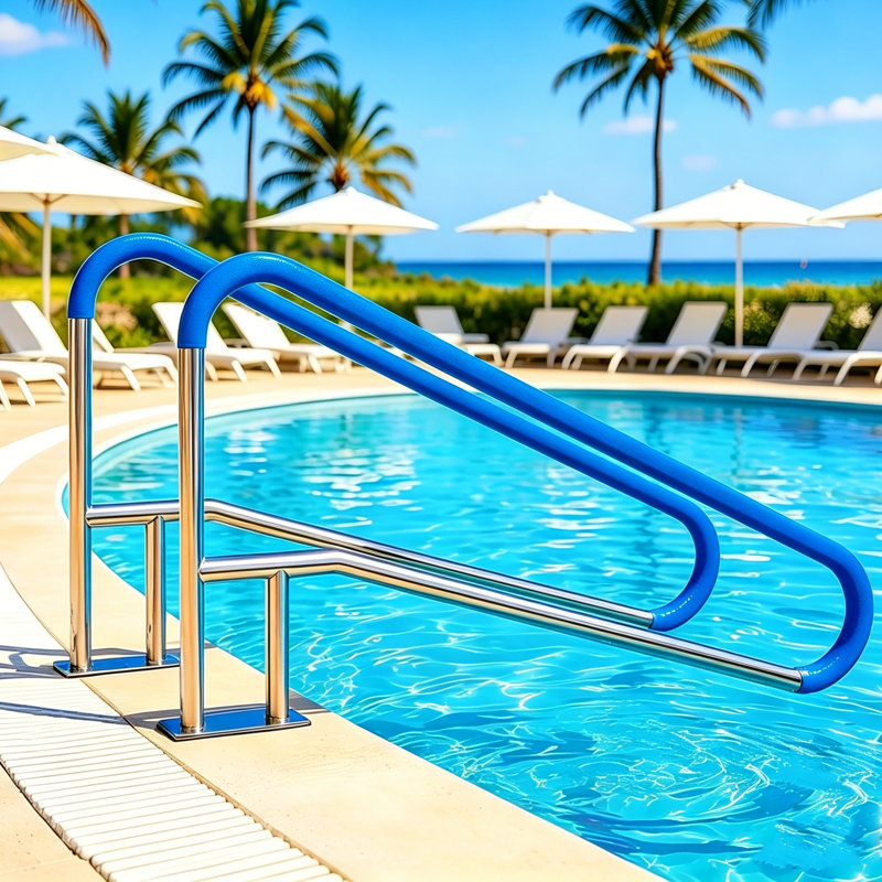 (Ensemble de 2) Main courante de piscine en acier inoxydable avec poignée antidérapante bleue, 55 po x 32 po
