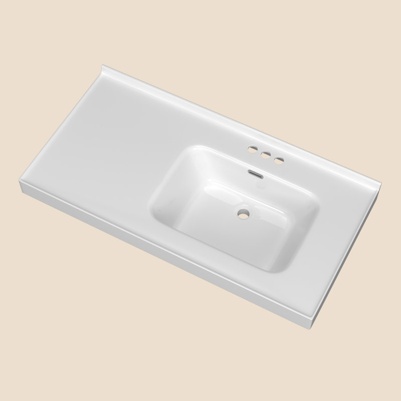 43'' W X 22'' D Single Sink White Vanity Top Solid Surface Rectangular Bathroom Sink Countertop with 1.38in. H Backsplash Basin&Pre-drilled Three Faucet Holes