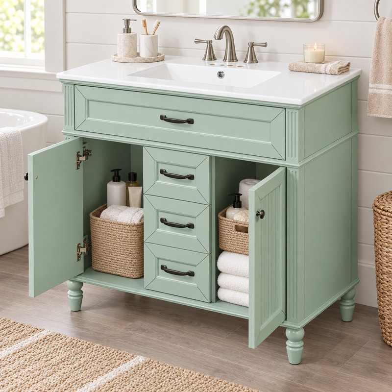 Meuble-lavabo de 91 cm avec lavabo en céramique, meuble de salle de bain autoportant, tiroir supérieur rabattable, portes à fermeture amortie, 2 tiroirs de rangement, vert sauge