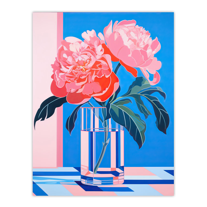 Wall Art Print Perfect Peonies Flower Blooms in Glass Vase Pink Vibrant Stylised Floral Poster