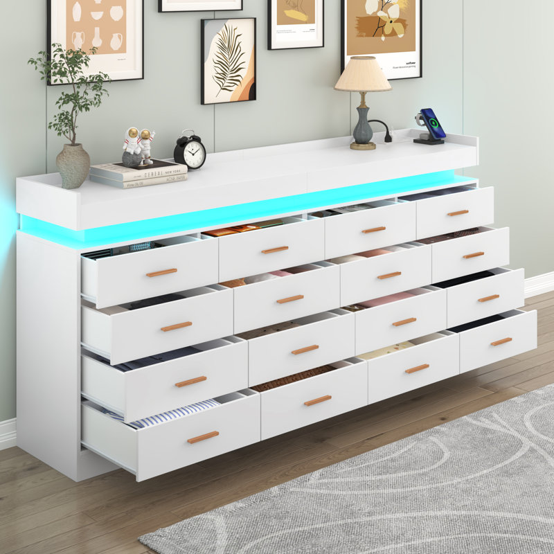 16 Drawer 78.7" W Dresser With Charging Station And LED Light, White