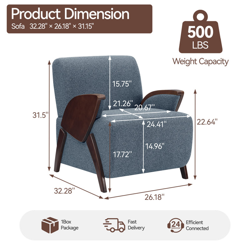 Fauteuil d'appoint moderne rembourré de 68,5 cm de large, structure en bois massif, Blue, No
