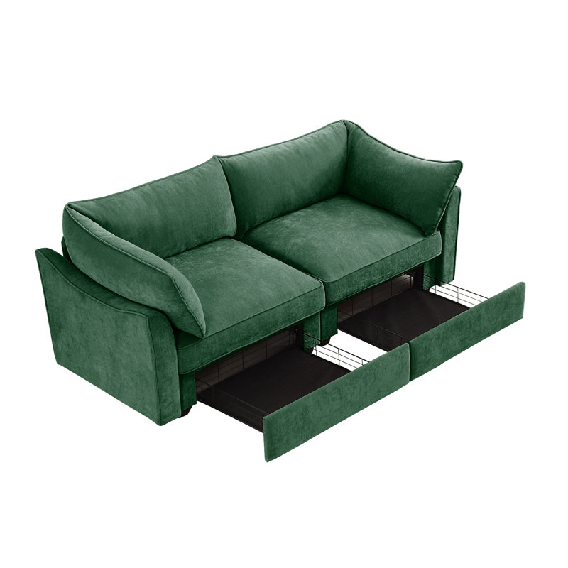 Canapé à 2 places en chenille vert avec tiroirs de rangement coulissants et accoudoirs en forme de croissant - Causeuse moderne peu encombrante pour les petits salons