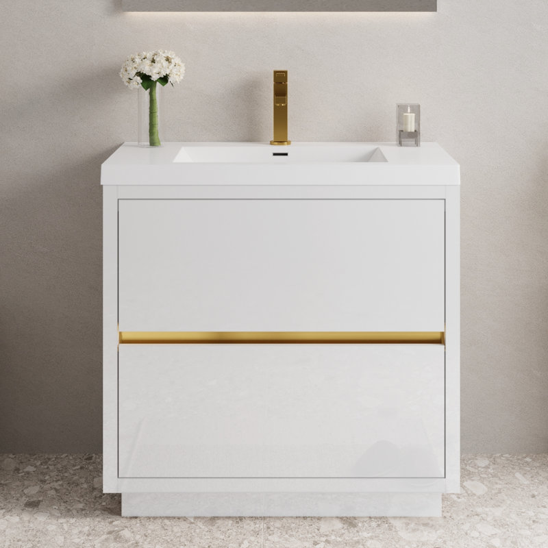 Meuble-lavabo autoportant avec lavabo intégré et comptoir en résine de pierre, Blanc