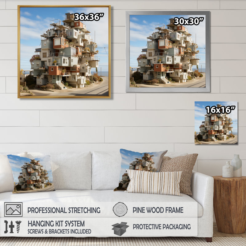 Ensemble de maisons rétro moderne, Toile avec cadre flottant noir, H 16 po x l 16 po x P 1 po