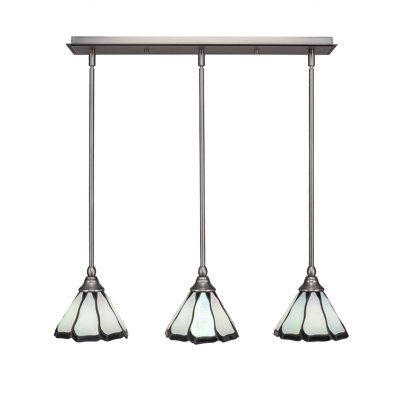 3 Light Stem Hung Linear Pendalier Shown In Brushed Nickel Finish With 7" Pearl & Black Flair Art Glass