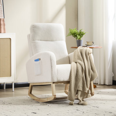 Chaise berçante moderne avec structure, tissu doux, poche latérale, blanc pour chaise berçante confortable et ergonomique, éponge haute densité, salon respirant