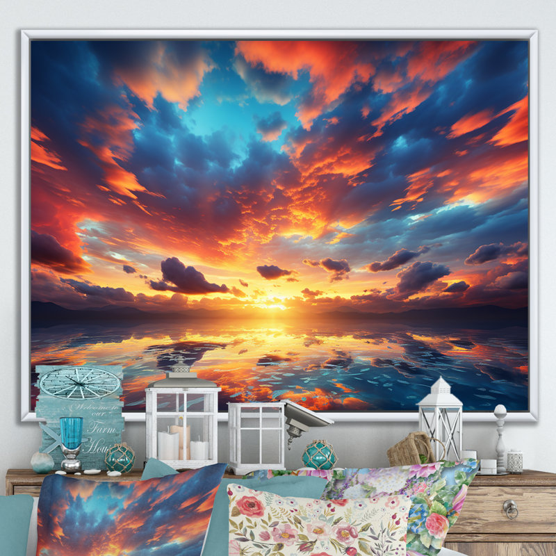 Magical Sunset Sky I - art mural ciel, Cadre flottant blanc, H 16 po x l 32 po x P 1 po