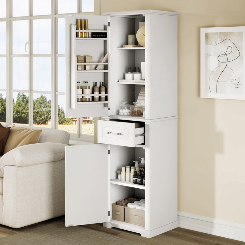Grande armoire de rangement pour salle de bain, armoire de rangement autoportante avec deux portes de tailles différentes