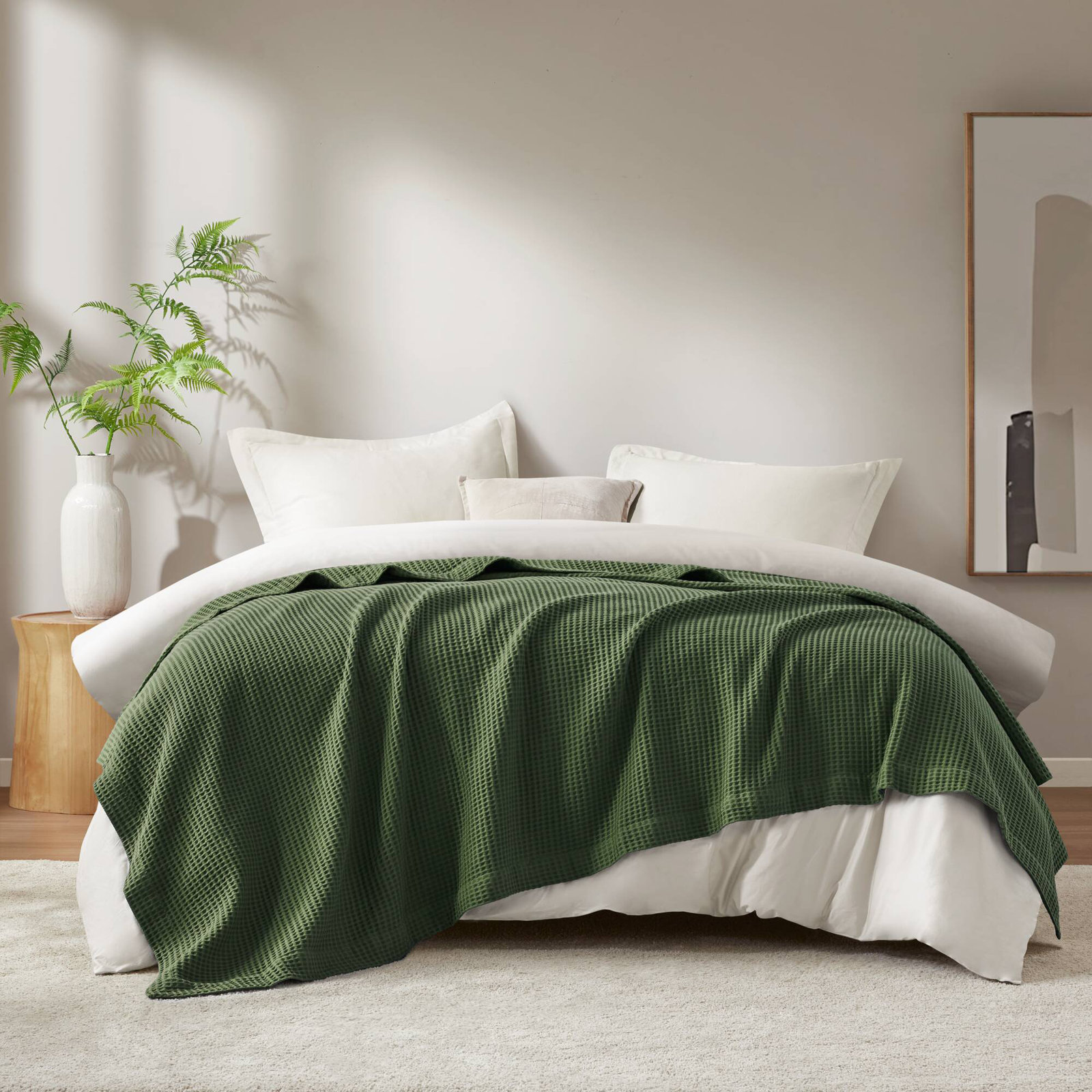 Waffle Weave 100% Cotton Blanket, Queen, Olive Green