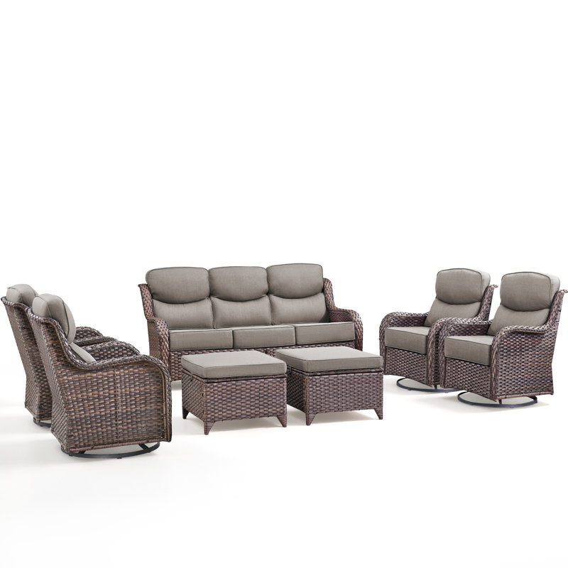 Wickes Haven 7-Person PE Wicker Outdoor Patio Conversation Set With 6" Thickness Cushions, Light Gray