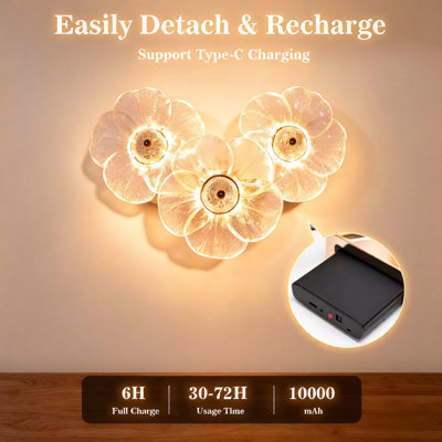 Lampe murale à 3 lumières en verre avec télécommande, 3 couleurs, minuterie, pile amovible 10000 mAh, à fixation murale à DEL à intensité variable pour le couloir du salon