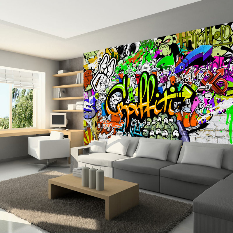Colourful Graffiti Wallpaper, Orange/Green, 280cm H x 400cm W x 0.02cm D