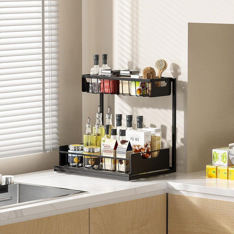 Rangement sous l'évier sous la cuisine - Armoire de rangement coulissante noire à 2 niveaux pour salle de bain et cuisine, paquet de 2