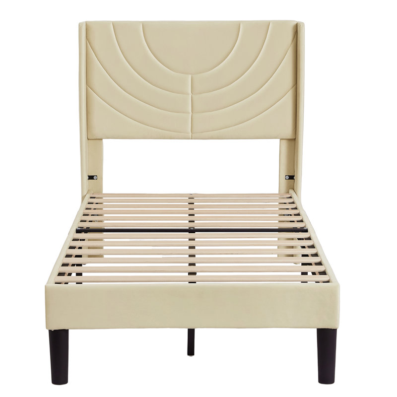 Twin Bed Frame Upholstered Platform with Headboard and Strong Wooden Slats, Beige