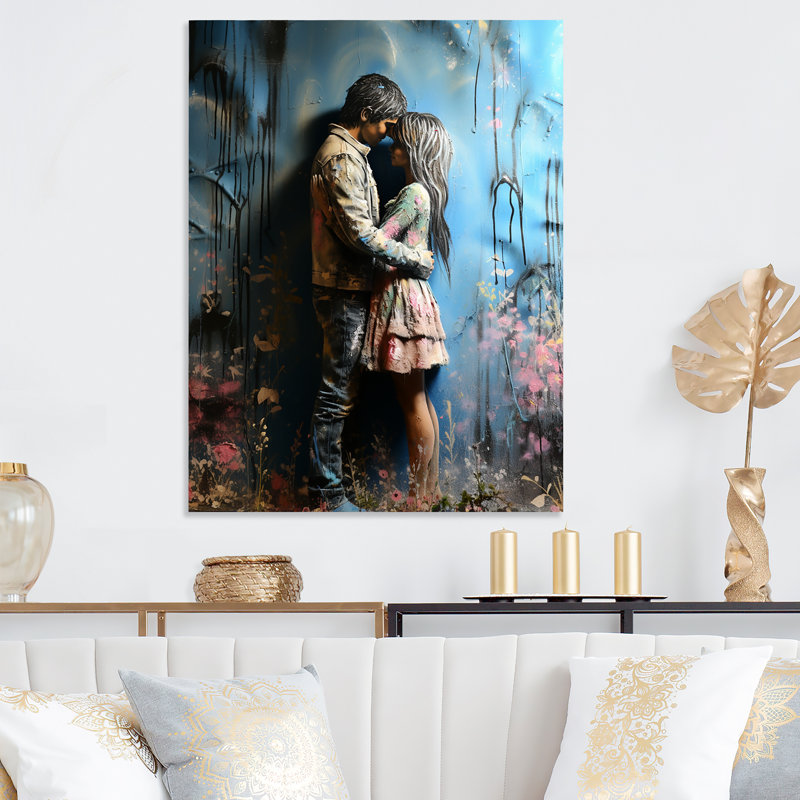 Street Art Romantic Couple - Portrait romantique en métal, art mural, H 32 po x l 16 po x P 1 po