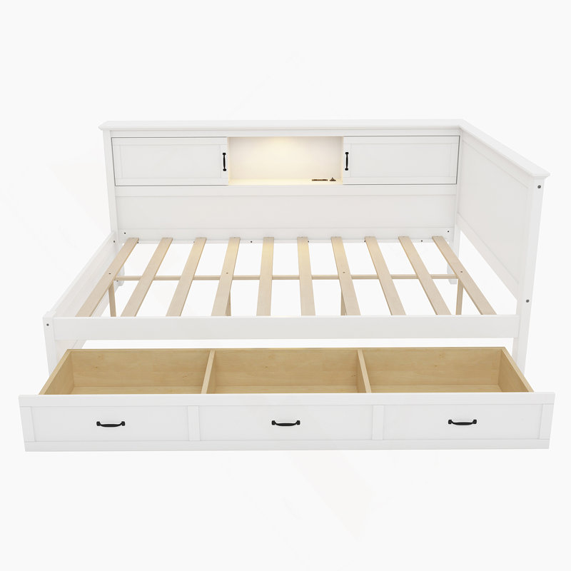 L-Shaped Bed Frame with Drawer and and Bookcase,Corner Bed Wooden Captain Bed, Full
