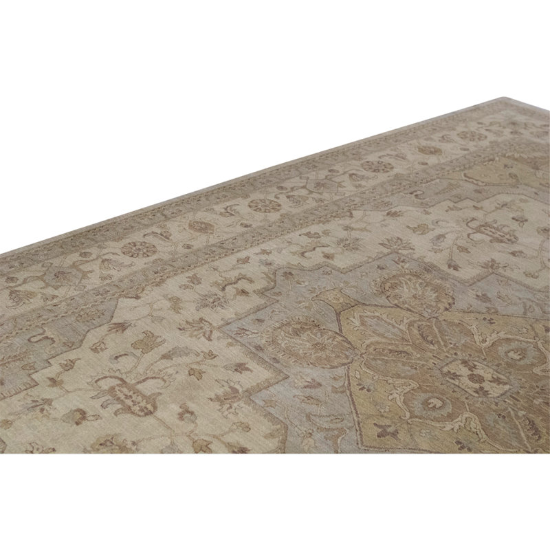 Tapis crème / bleu clair noué à la main de haute qualité