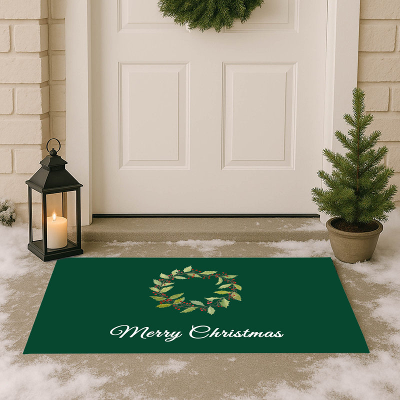 Paillasson Merry Christmas Holly, Émeraude, L 21 po x L 34 po