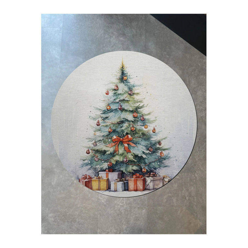 Beige New Year's Themed Green Tree And Gift Patterned Modern Woven Base Round Decorative Carpet, Round 4'