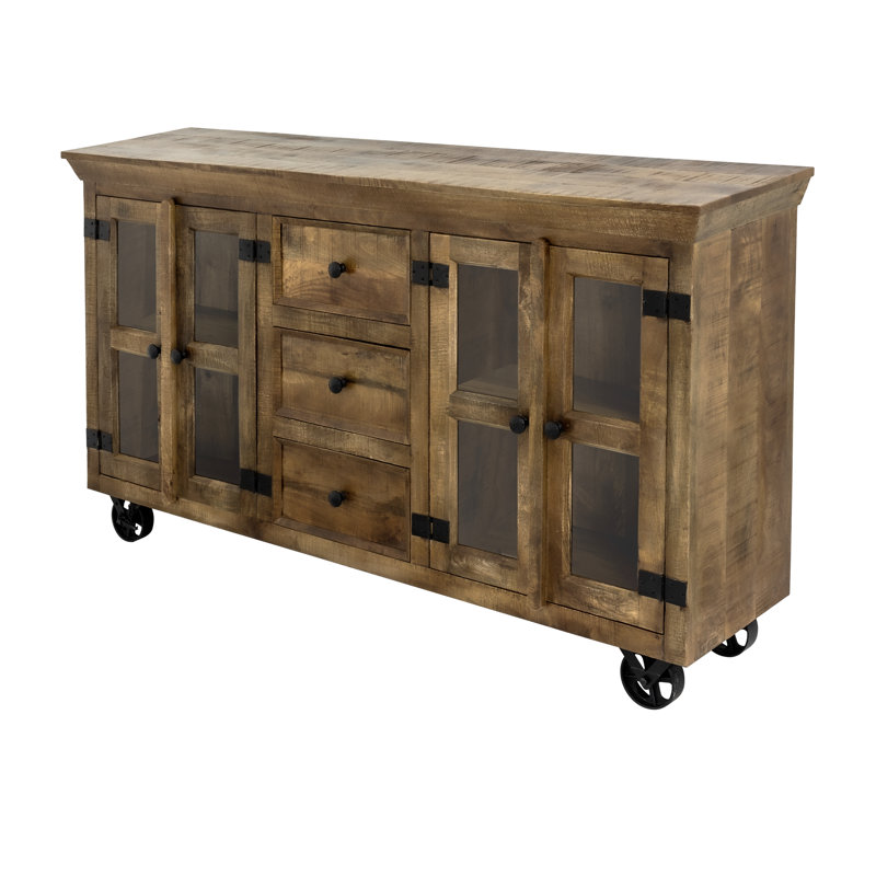 Lorraine 72" Mango Wood Sideboard with Glass Doors and Cast Iron Wheels