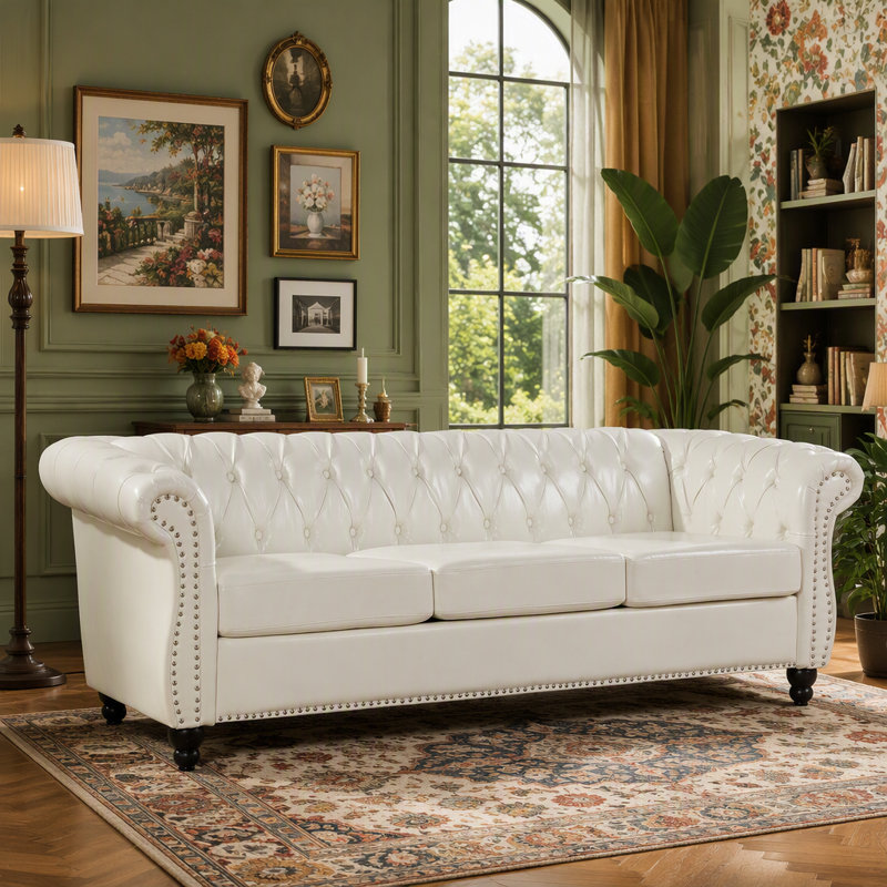 Canapé Chesterfield 84,65 po, Simili cuir blanc
