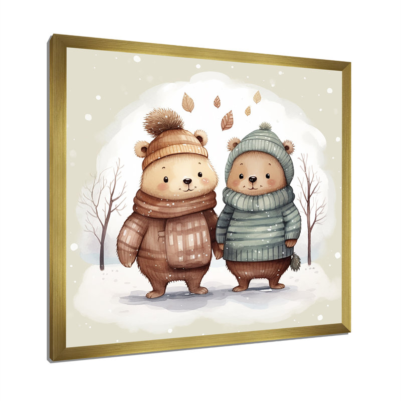 Charmant ours en peluche, ours d'hiver IV - art mural de l'ours en peluche, H 30 po x l 30 po x P 1,5 po, Cadre doré simple