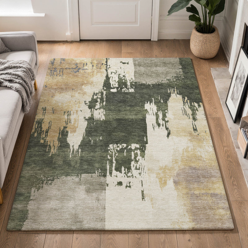 Tapis abstrait lavable à la machine de qualité supérieure Mayfield AMF2347, Olive, 9 pi x 12 pi