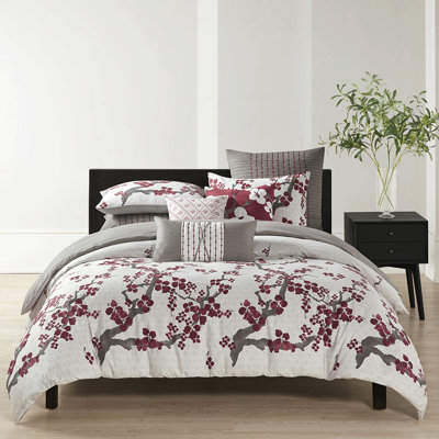 Housse de couette pour très grand lit - coton, motif de losanges, fleurs de cerisier en fleurs élégantes 100% coton, motif floral, attaches intérieures,