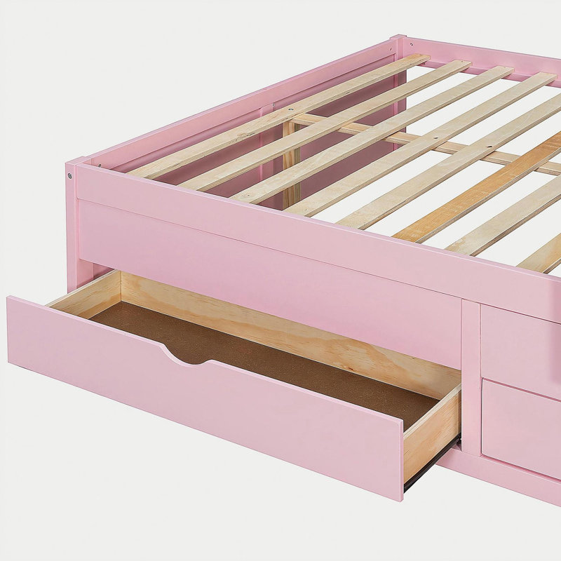 Lit superposé double avec 2 grands tiroirs et 5 petits tiroirs, panneau de fibres à densité moyenne et fabrication en bois massif, rangement moderne avec petite armoire - rose Sakura