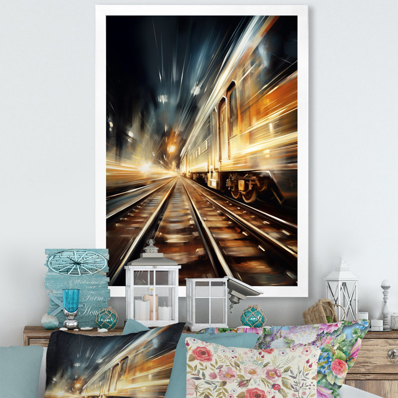 «Train Luminous Trail Lights II», reproduction sur toile, Cadre photo blanc, H 32 po x l 24 po x P 1 po