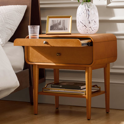 Elzena Mid-Century Modern 2-Drawer Solid Wood Veneer With Built-In Charging End Table