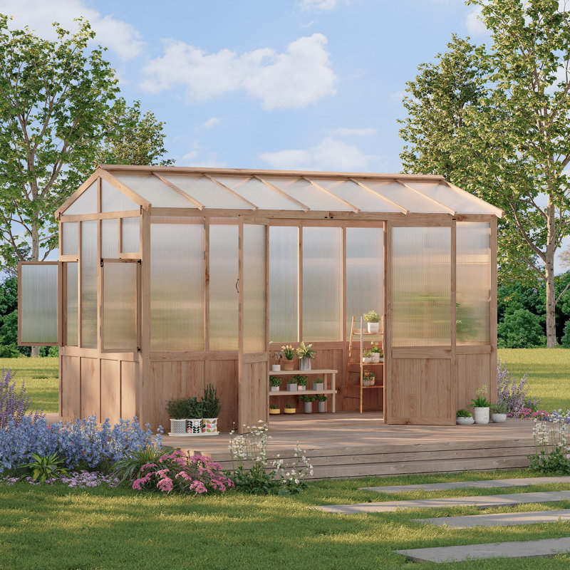 Heavy-Duty 8x12 ft / 10x12 ft Wooden Outdoor Greenhouse with 6mm Polycarbonate Panels, and Lockable Walk-In Door for Backyard, Patio, or Lawn