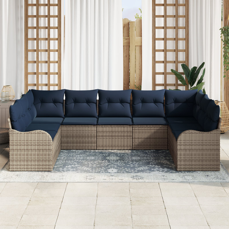 vidaXL Garden Sofa Set Grey Poly Rattan, Gray Frame/Navy Blue Cushion