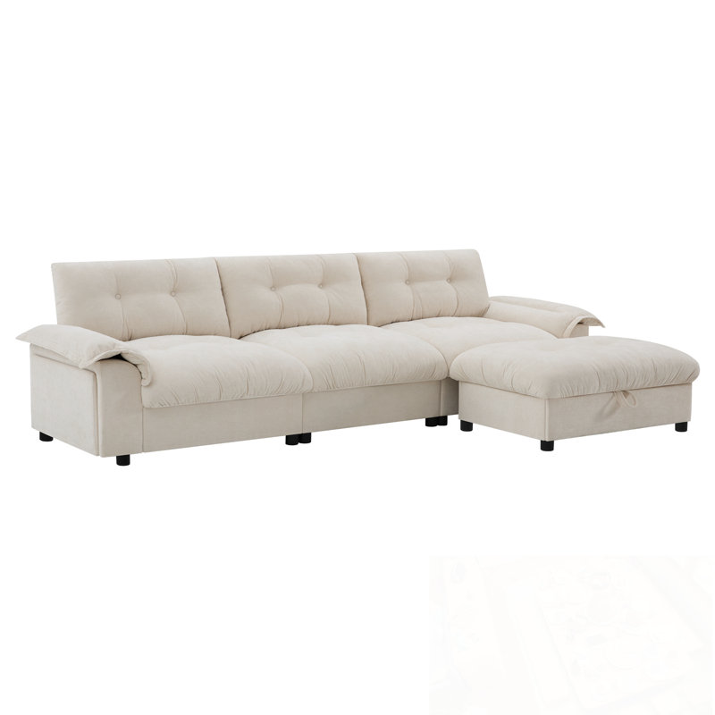 Canapé modulaire en L avec chargement à deux ports, porte-gobelet, poches et repose-pieds mobile, Chenille beige