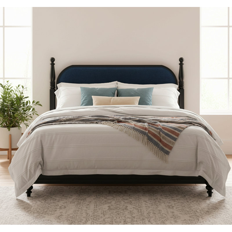 Base de lit grand, plateforme en bois massif avec lattes, tête de lit tapissier, Noir / bleu marine