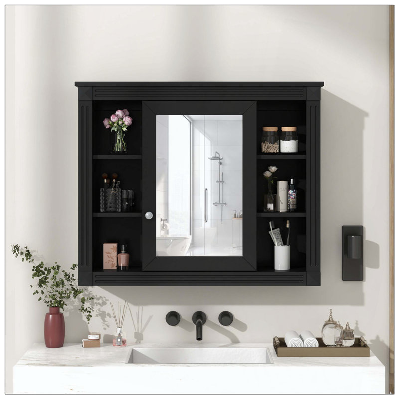 Armoire à pharmacie murale à miroir 6 tablettes ouvertes, Noir