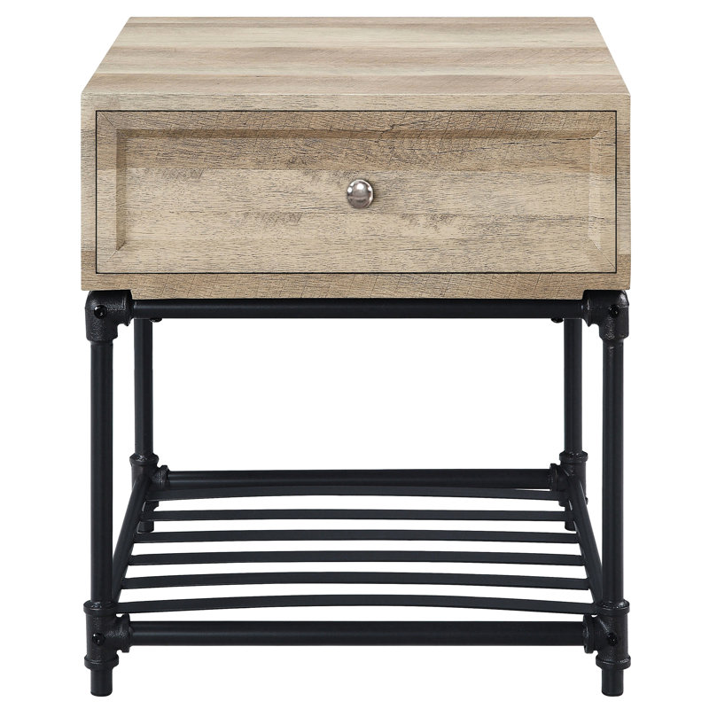 Table de bout à pieds en métal avec rangement, charme rustique industriel, table rectangulaire chêne et sable noir, pour un usage domestique