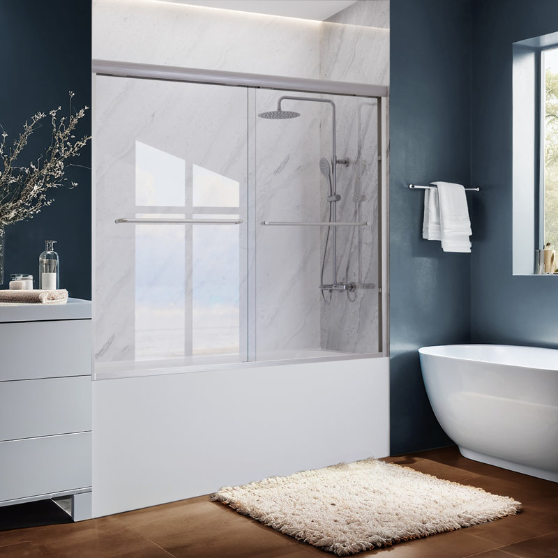 55" - 59'' W x 60'' H Double Sliding Door Semi-Frameless Tub Door With Two Towel Bars, Brushed Nickel