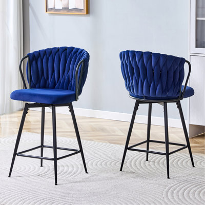 Ensemble de 2 tabourets de bar en velours tressé moderne avec structure en métal, tabouret de comptoir rembourré avec dossier en corde tissée pour îlot de cuisine, bar ou salle à manger - bleu