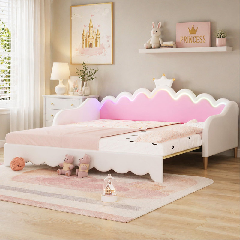 Twin Extending Daybed With Led Lights, Modern Upholstered Princess Daybed With Crown Headboard, White
